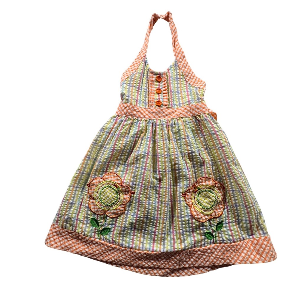 Younghearts Seersucker Halter Dress Girls Size 4 Multi-Color Floral Gingham Trim
